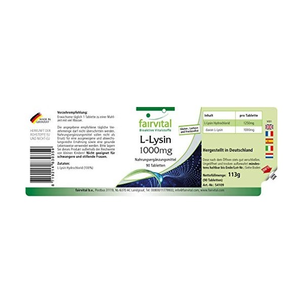 Fairvital | Lysine HAUTEMENT DOSÉ - 1000mg - HAUTE DOSAGE - 90 Comprimés - Chlorhydrate de lysine