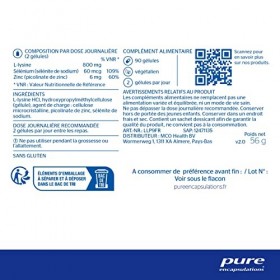 Pure Encapsulations - L-Lysine Plus - Acide Aminé Essentiel avec Sélénium & Zinc - Supplément Hypoallergenique - 90 Gélules V