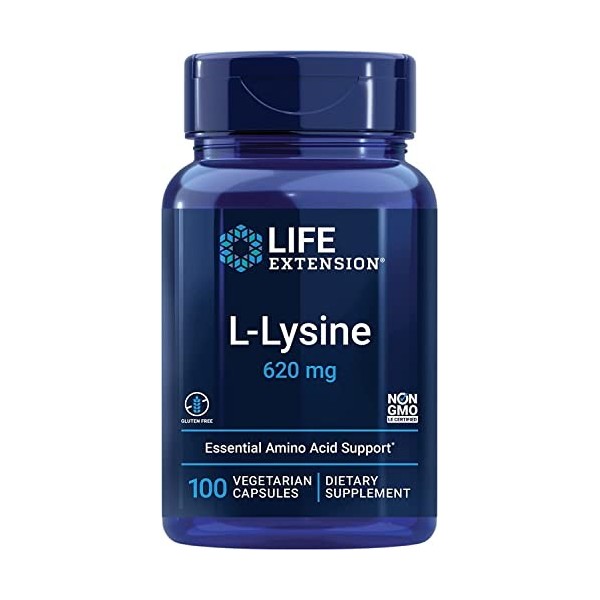 Life Extension, L-Lysine, 620mg, Hautement Dosé, 100 Capsules végétaliennes, Testé en Laboratoire, Sans Gluten, Végétarien, S
