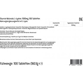 PremiumVital, Source Naturals, L-Lysine, 1.000mg, 100 Comprimés végétaliens, avec Pilulier Pratique, Testé en Laboratoire, Ac