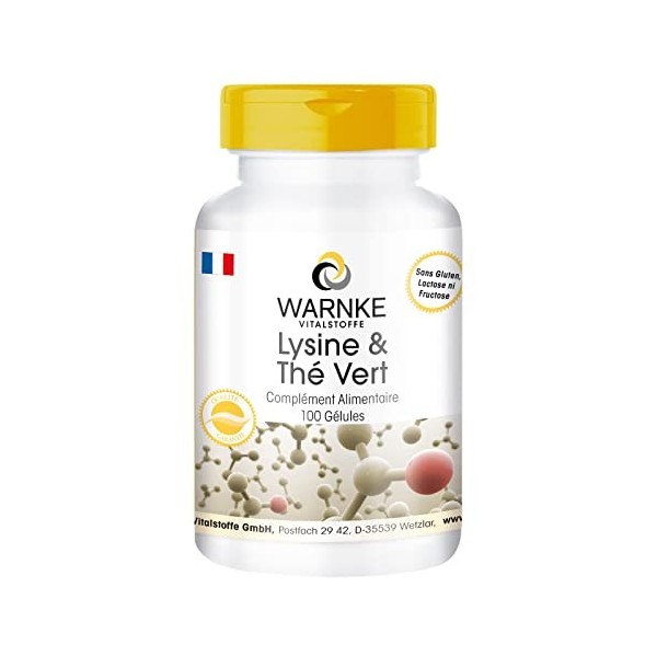 Lysine et Thé Vert 500 mg L-Lysine 200 mg - Extrait de thé vert - 100 gélules - Végétarien - 50% de Polyphénols | Warnke Vita