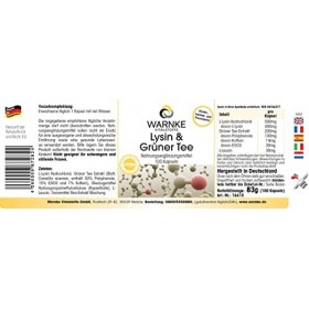 Lysine et Thé Vert 500 mg L-Lysine 200 mg - Extrait de thé vert - 100 gélules - Végétarien - 50% de Polyphénols | Warnke Vita