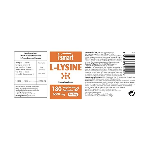 Supersmart - L-Lysine - Acides Aminés Essentiel - Contribue à la Croissance des Os et à la Formation du Collagène | Sans OGM 