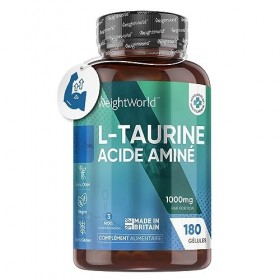 L-Taurine 1000mg par portion - 180 Gélules, Complément Alimentaire à la Taurine - Acide Aminé Actif 2-aminoéthanesulfonique 