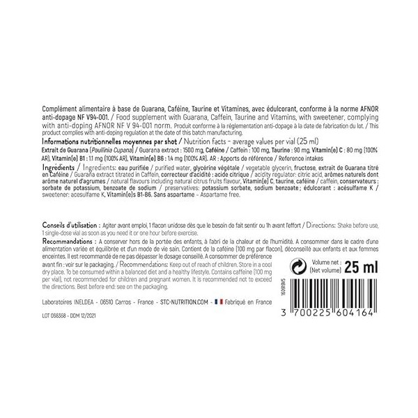 STC NUTRITION - GUARANA SHOT - Complément alimentaire à base de Guarana, Caféine, Taurine et vitamines - Aide à réduire la fa