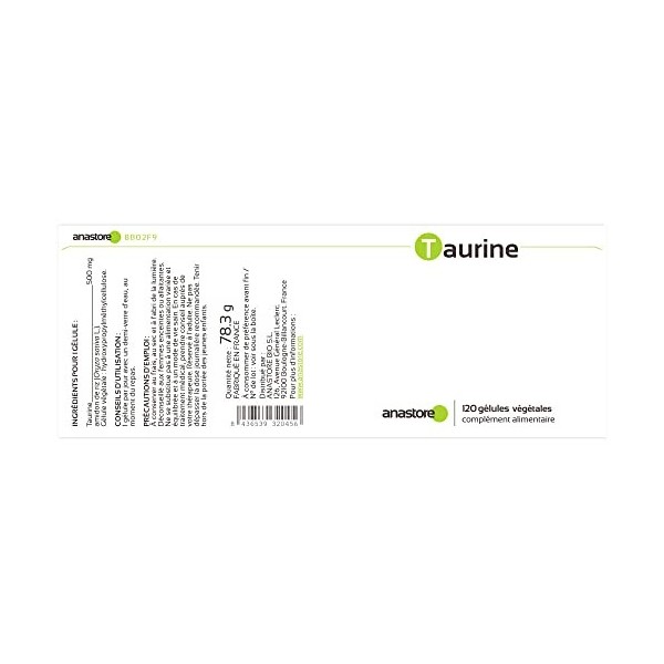 TAURINE * 500 mg / 120 gélules végétales * Pureté garantie supérieure à 99% * Stress, Surmenage, Carence en magnésium, Sport