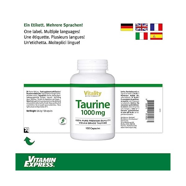 Taurine 1000 mg, 120 gélules pour 4 mois. Taurine Hautement dosée avec 1000 mg de taurine pure sans lactose, soja, gluten et 