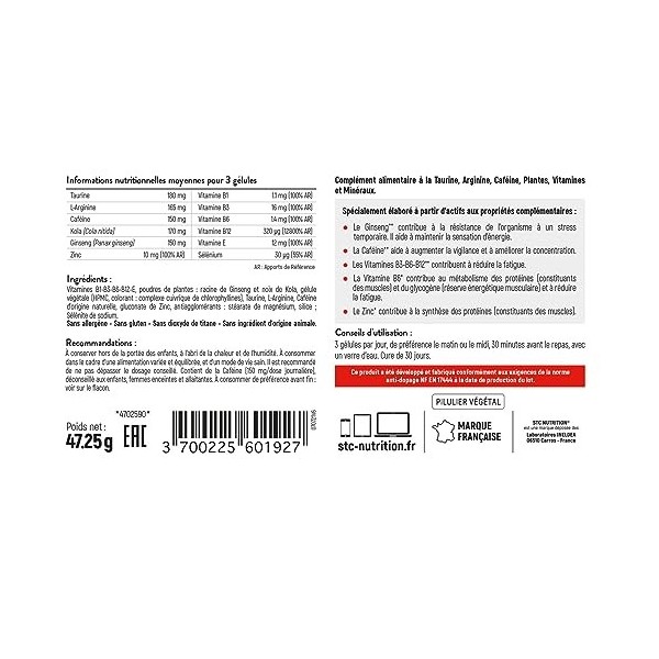 STC NUTRITION - Taurine Synergy + - Booster dénergie physique et intellectuel - vegan - sans gluten -anti-dopage - cure de 3