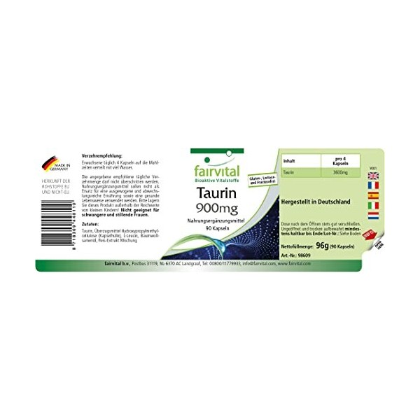 Fairvital | Taurine 900mg - Fortement dosé - VEGAN - 90 gélules - Qualité allemande