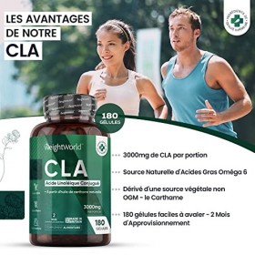 Acide Linoléique Conjugué CLA 3000mg par Jour - 180 Gélules 2Mois - Issu de 100% dHuile de Carthame - Source dAcides Gras