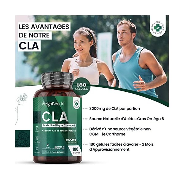 Acide Linoléique Conjugué CLA 3000mg par Jour - 180 Gélules 2Mois - Issu de 100% dHuile de Carthame - Source dAcides Gras