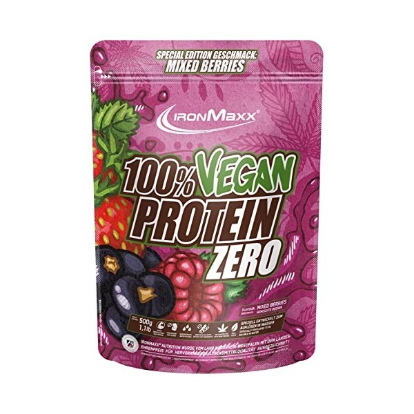 IronMaxx 100% Végan Protein Zéro – Poudre de Protéines Vegan avec 3 sources de Protéines – Goût Mixed Berries – 1 x sac de 50