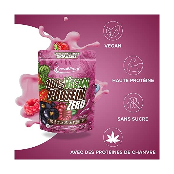 IronMaxx 100% Végan Protein Zéro – Poudre de Protéines Vegan avec 3 sources de Protéines – Goût Mixed Berries – 1 x sac de 50