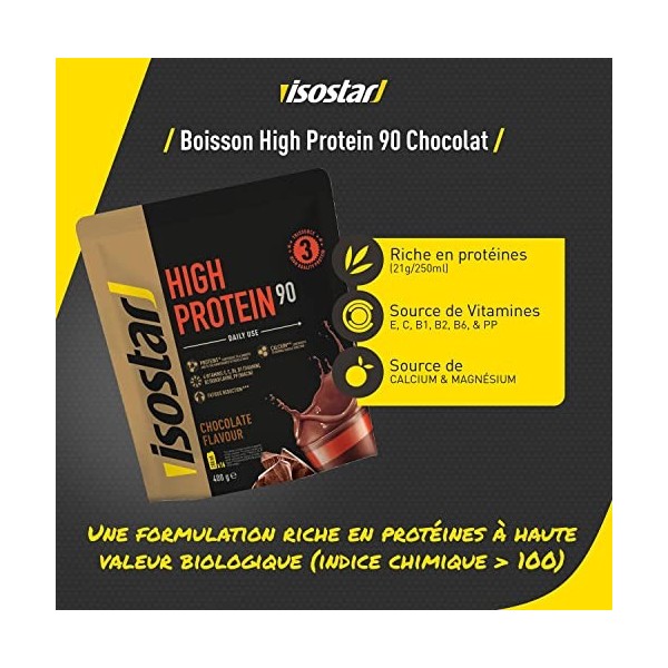 Isostar High Protein 90 Poudre pour Boisson Hyperprotéinée, Chocolat, 16 Boissons, 400 g