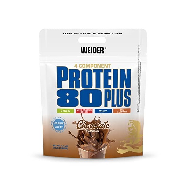 Weider Protein 80 Plus protéine en poudre, Chocolat, faible teneur en glucides, mélange de lactosérum de caséine multi-compos