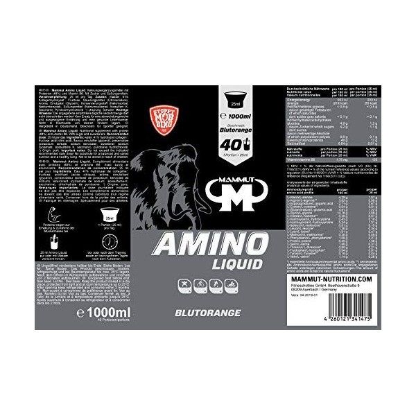 Mammut Nutrition Complément Alimentaire Protéine Amino Liquid 1000 ml Orange Sanguine