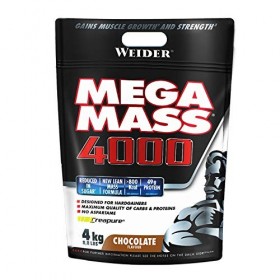 Weider Mega Mass 4000. Goût Chocolat. Mélange protéiné pour prise de masse. Avec 3 protéines lait, lactosérum, blanc d’œuf 