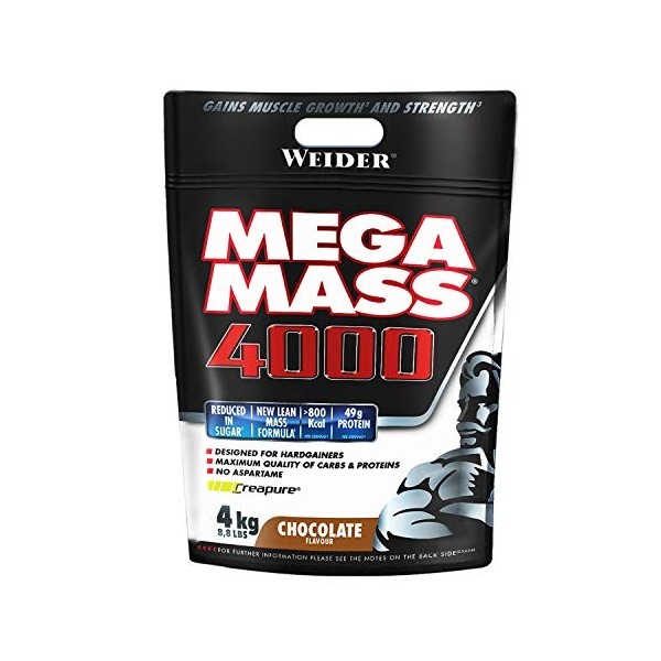 Weider Mega Mass 4000. Goût Chocolat. Mélange protéiné pour prise de masse. Avec 3 protéines lait, lactosérum, blanc d’œuf 