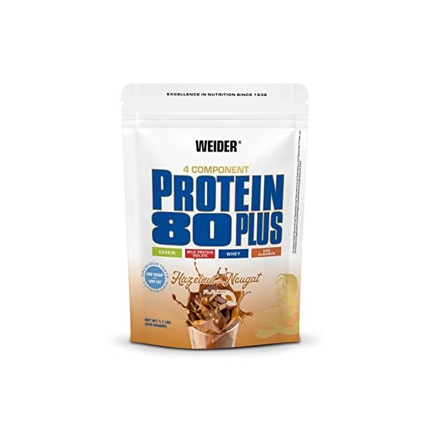 WEIDER Protein 80 Plus protéine en poudre, Noisette-Nougat, faible teneur en glucides, mélange de lactosérum de caséine multi