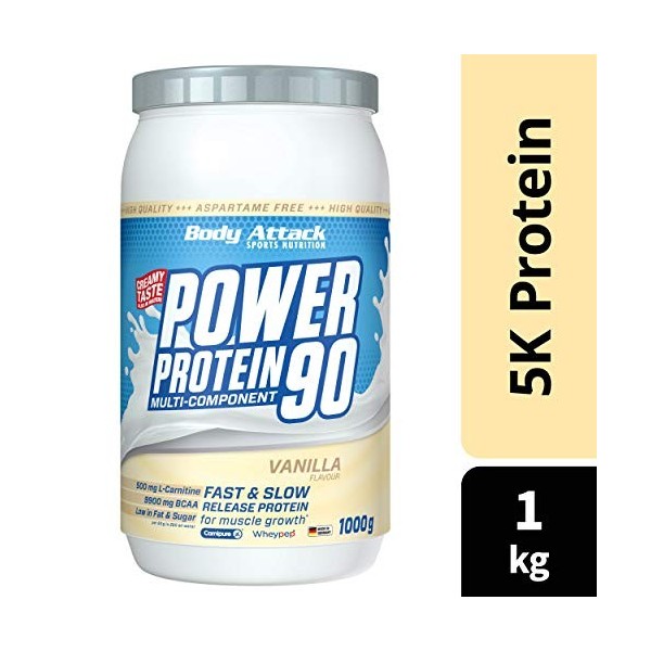 Body Attack Power Protein 90, 5K protein powder de whey protéine, L-Carnitine et BCAA pour la croissance musculaire et le fit