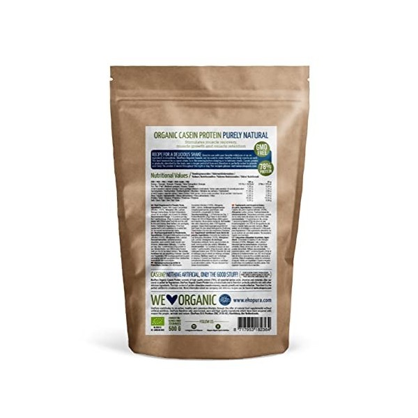 Organic Casein Protein - Naturel - 78% de Protéines - Protéine de Caséine Bio - Sans Additifs - 500g