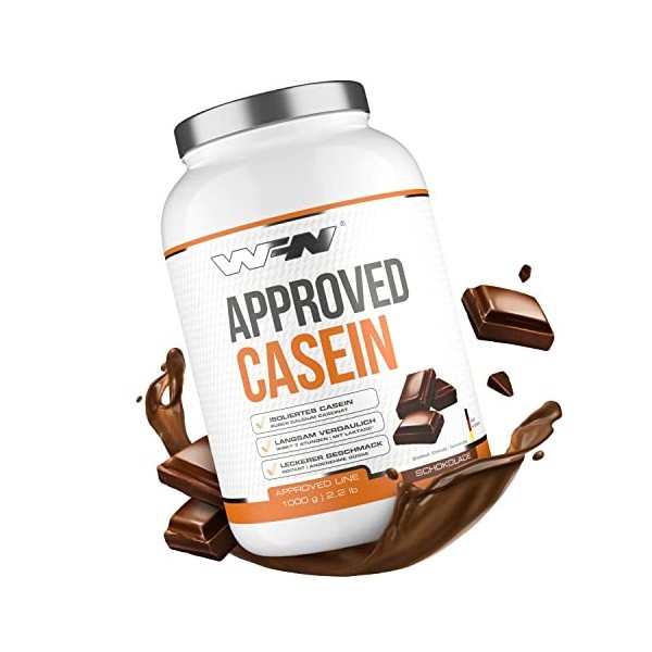 WFN Approved Casein - Chocolat - Boîte de 1 kg - Protéines de caséine avec lactase - Poudre de protéines crémeuses - Très sol