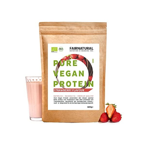 Poudre de protéine VEGAN BIO Fraise sans soja [dAllemagne] - 3K Protéines de riz, de chanvre & de pois "Pour la pâtisserie &