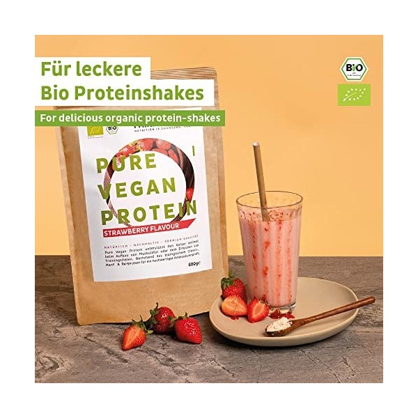 Poudre de protéine VEGAN BIO Fraise sans soja [dAllemagne] - 3K Protéines de riz, de chanvre & de pois "Pour la pâtisserie &