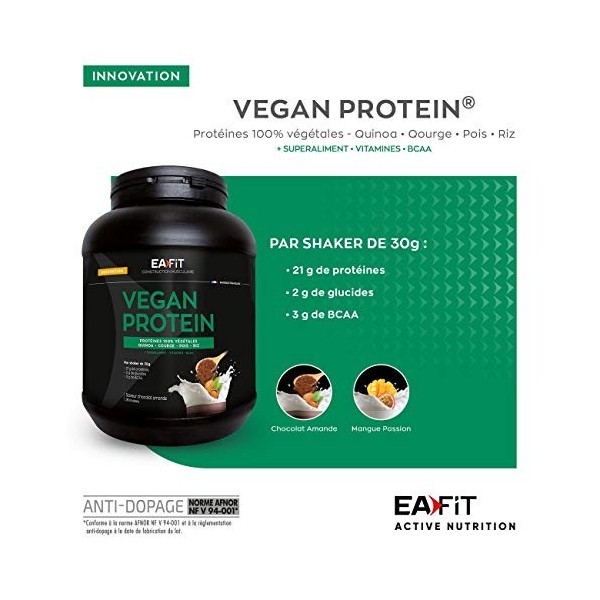 EAFIT VEGAN PROTEIN - 750g - 71% de Protéines - Faible en Sucres et Matières Grasses - Croissance Musculaire - 3g de BCAA - C