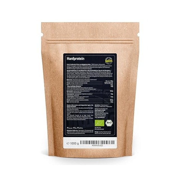 Biotiva Poudre de protéine de chanvre bio 1kg - 100% de poudre de protéine de chanvre - 1000g paquet avantageux - Qualité nat