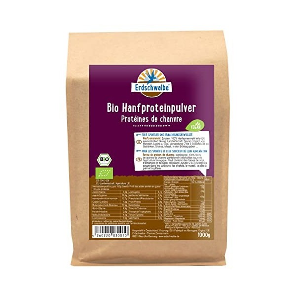 Erdschwalbe Protéine de chanvre biologique - Poudre de protéines végétaliennes - 1 kg