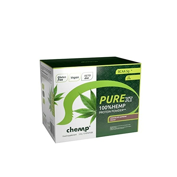 Chemp Pure-XT Poudre de protéines de chanvre 100% | Chocolat | sans gluten - sans soja | 10 sachets de 34g 1 pack 340g | 20