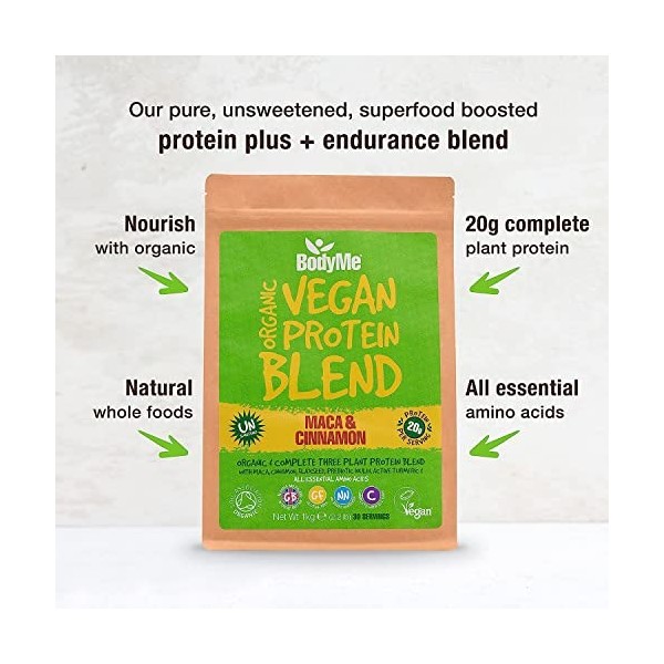 BodyMe Mélange Poudre Proteine Vegan Bio | Cru Maca Cannelle | 1kg | NON SUCRE | Faible Glucide | Sans Gluten | 3 Proteines V