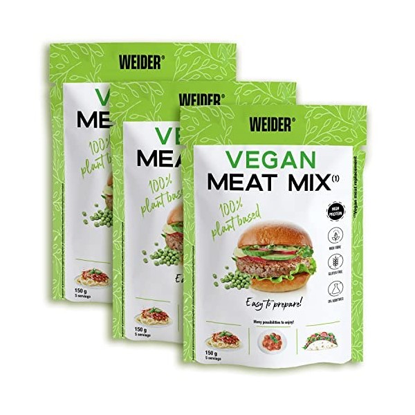 Weider Pack Vegan Meat Mix - 3 Unités. Substitut de viande riche en Protéines Végétales 75% + Fibres Végétales 20%. Sans Glut