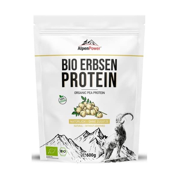 AlpenPower BIO Protéine de Pois 600 g - Isolat de protéines de pois 100% pur - Sans additifs - Végétalien et polyvalent - Pou