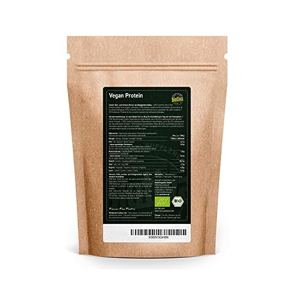 Biotiva Vegan Protein Pulver Bio 1,8kg 2x900g - 83% de protéines - sans soja - protéines de pois et de riz - 23g de protéin