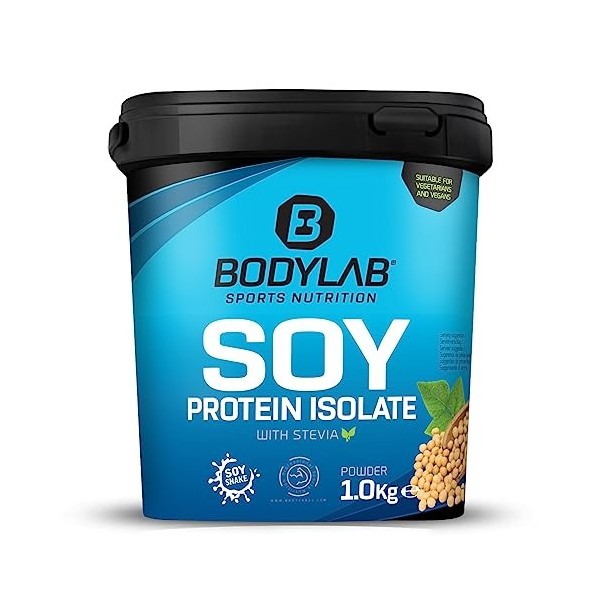 Bodylab24 Isolat de protéines de soja Banane 1kg, isolat de protéines de soja purement végétal pour ton développement muscula