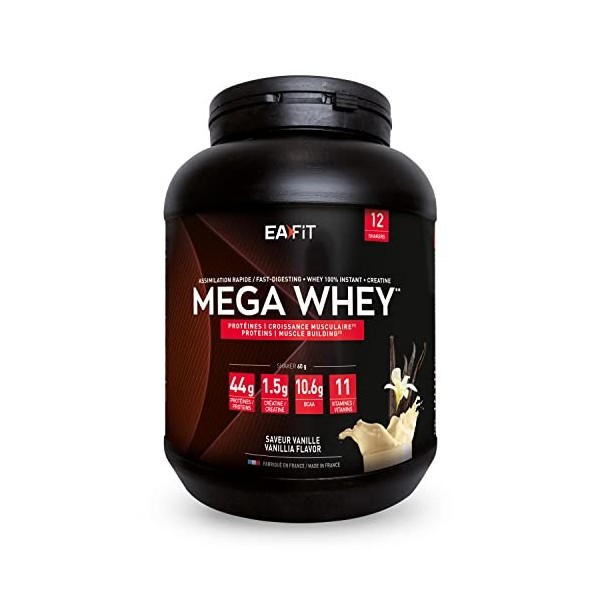 EAFIT Mega Whey - Vanille 750 g - Croissance Musculaire - Protéines de Whey - Assimilation Rapide - Whey 100% instant - BCAA 