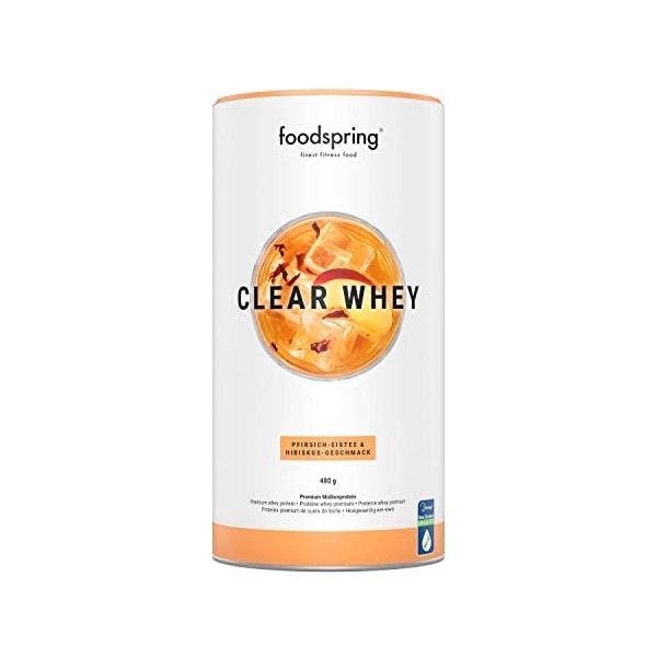 foodspring Clear Whey, Thé Glacé Pêche-Hibiscus, 480g, Shake protéiné léger et rafraîchissant de Whey Isolate premium.