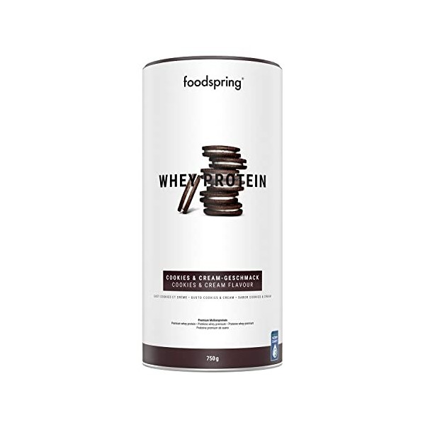 Protéine en Poudre Whey foodspring Cookies & Crème - Avec 24g de protéines pour la prise de muscle, parfaite solubilité, issu