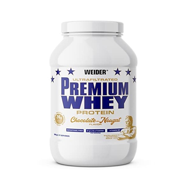 Weider Premium Whey Protein 810g . Goût Chocolat-Nougat. Concentré + 20% Isolat de Protéines de Lactosérum CFM . Avec L-Glu