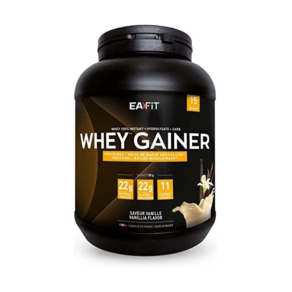 EAFIT WHEY GAINER, Pour la prise de masse musculaire et lapport calorique, 22g de proteines de Whey + 22g de glucides + 11 v