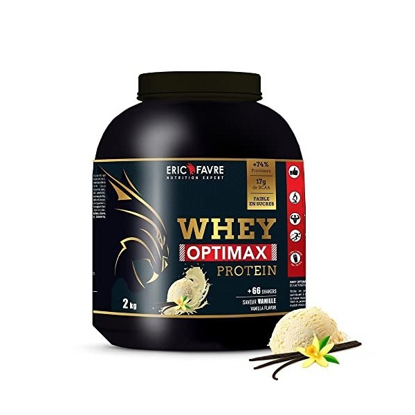 WHEY OPTIMAX PROTEIN +74% Protéines Bi-sources: WPC + Protéine Brevetée, 17g BCAA, 11g Glutamine, Peu Sucrée et Onctueuse - V