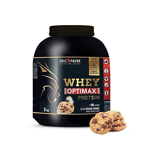 WHEY OPTIMAX PROTEIN +74% Protéines Bi-sources: WPC + Protéine Brevetée, 17g BCAA, 11g Glutamine, Peu Sucrée et Onctueuse - V