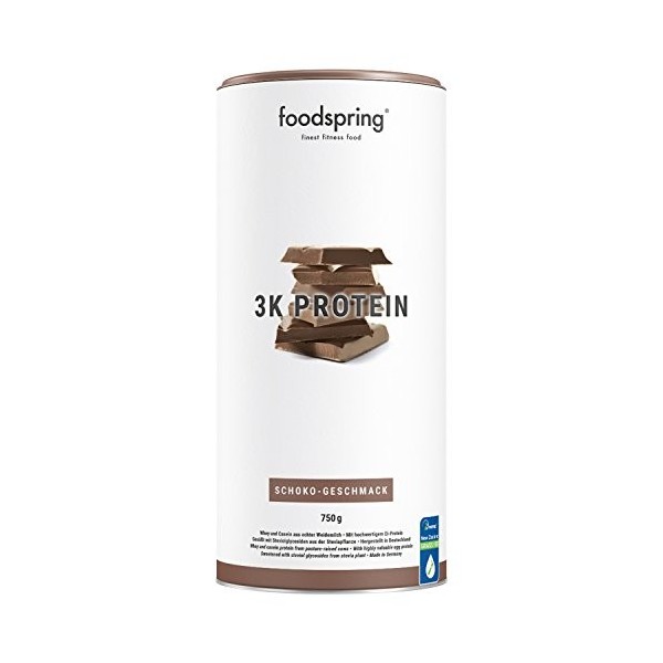 foodspring Protéine 3K, Chocolat, 750g, La protéine en poudre optimale avec 3 différentes protéines de haute qualité, adaptée