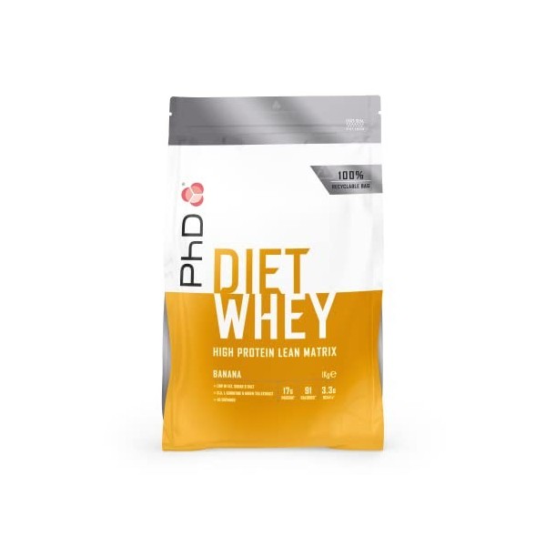 PhD Nutrition, Diet Whey Protein, Protéines pour Musculation et Prise de Masse, Goût Banane, 17 g de protéines, 1 kg 40 port