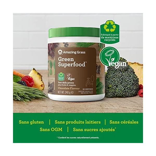 Amazing Grass Green Superfood, Poudre de Super-aliments Bio et Végane aux Fruits et Légumes, Saveur Chocolat, 30 Portions, 24