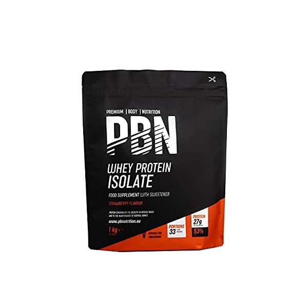 PBN - Premium Body Nutrition - Protéines en poudre à base disolat de lactosérum Whey-ISOLAT , goût fraise, 33 doses, 1 kg