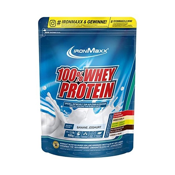 IronMaxx 100% Whey Protein - Protéines de Lactosérum en poudre, hydrosolubles - Goût Chocolat au lait - 1 x boîte de 500 g