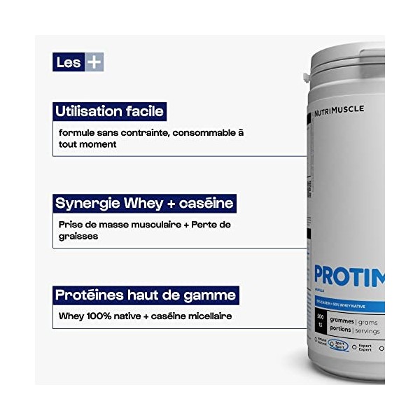 Mix Protéine Whey & Caséine en Poudre 1,2 kg - ProtiMuscle | Protéine Native Laitière • Prise de Muscle • Musculation & F